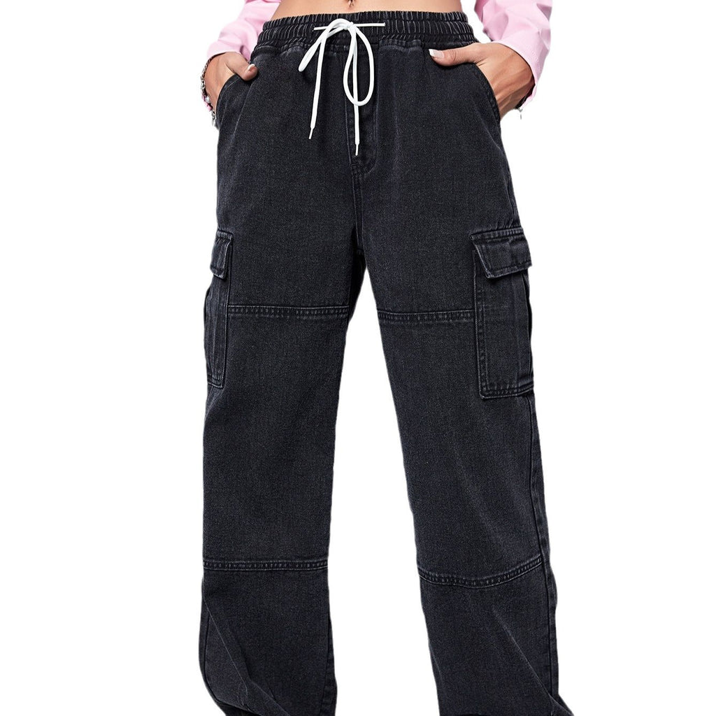 Women's Wide Cargo Denim Pants with Drawstring Waist, Oversize Cut and Patch Pockets Fashion Glam