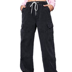 Women's Wide Cargo Denim Pants with Drawstring Waist, Oversize Cut and Patch Pockets Fashion Glam