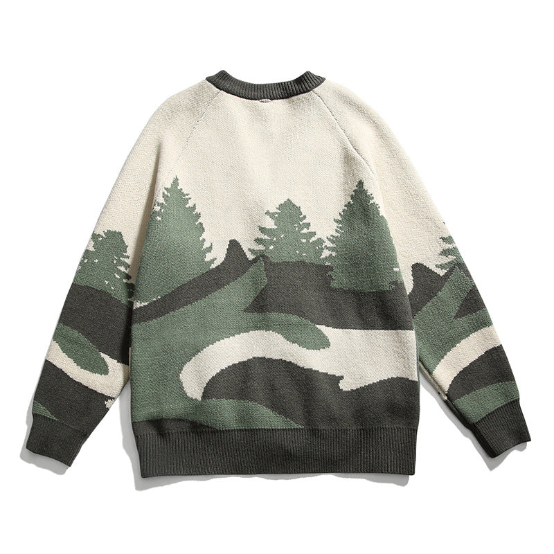 Unisex Chunky Knit V-Neck Cardigan with Landscape Jacquard Pattern and Patch Pockets Fashion Glam
