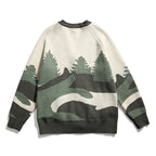 Unisex Chunky Knit V-Neck Cardigan with Landscape Jacquard Pattern and Patch Pockets Fashion Glam