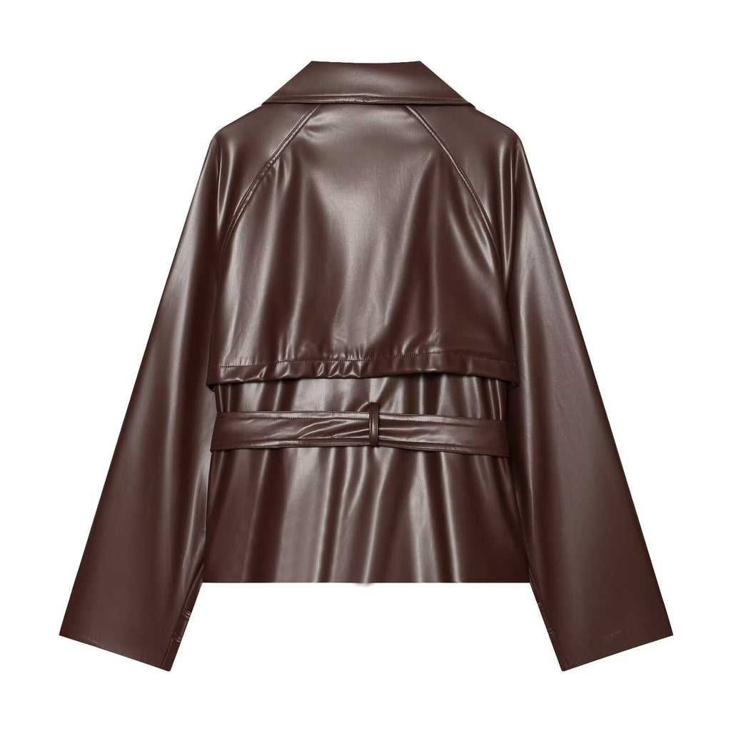 Women tailored faux leather jacket with stand-up collar, tie belt and double-breasted button placket Fashion Glam