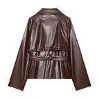 Women tailored faux leather jacket with stand-up collar, tie belt and double-breasted button placket Fashion Glam