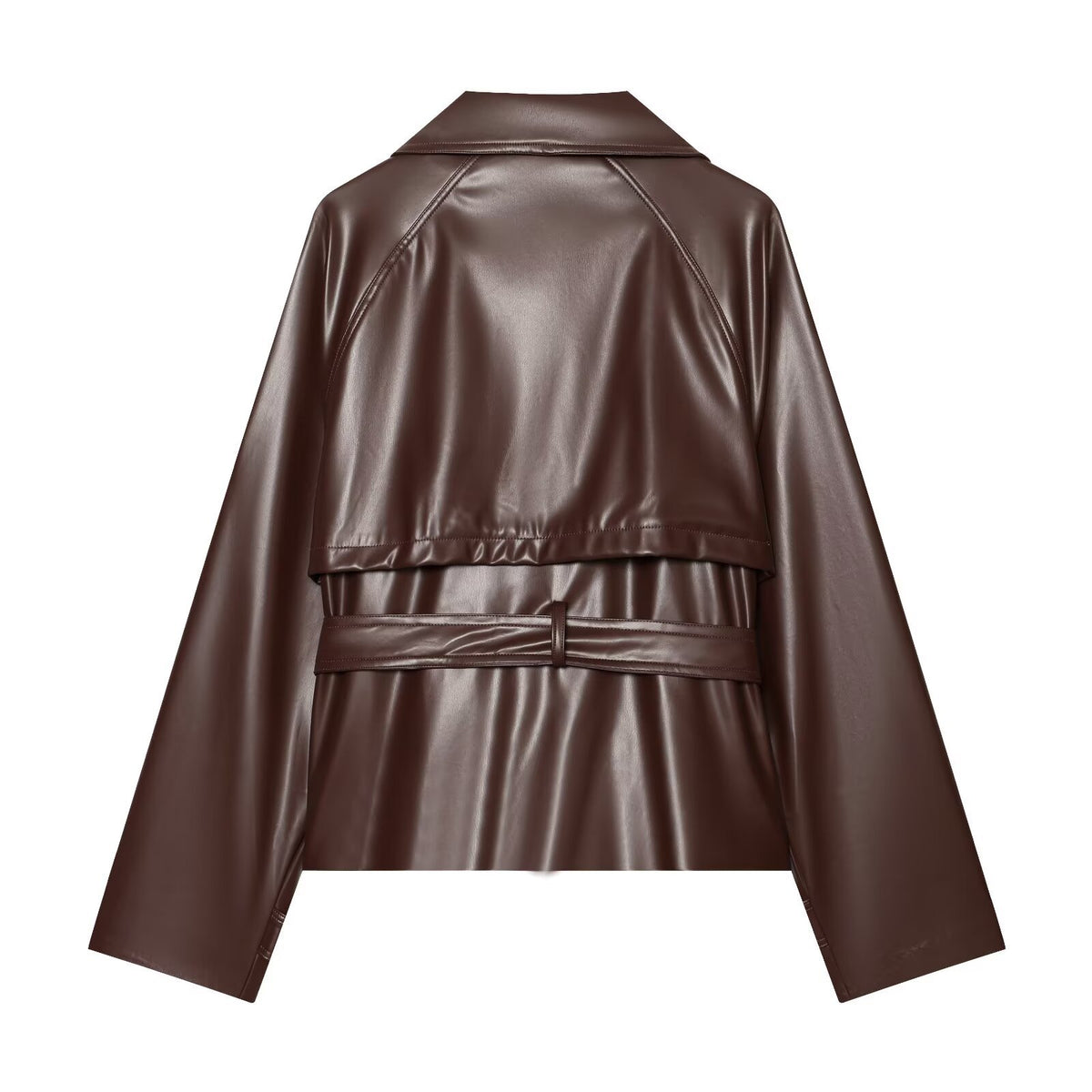 Women tailored faux leather jacket with stand-up collar, tie belt and double-breasted button placket Fashion Glam