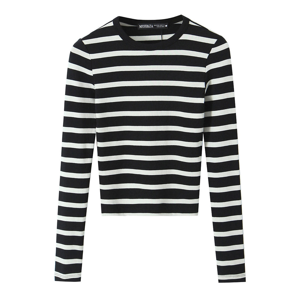Women Striped Cropped Long Sleeve Shirt with Round Neckline Fashion Glam