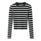 Women Striped Cropped Long Sleeve Shirt with Round Neckline Fashion Glam
