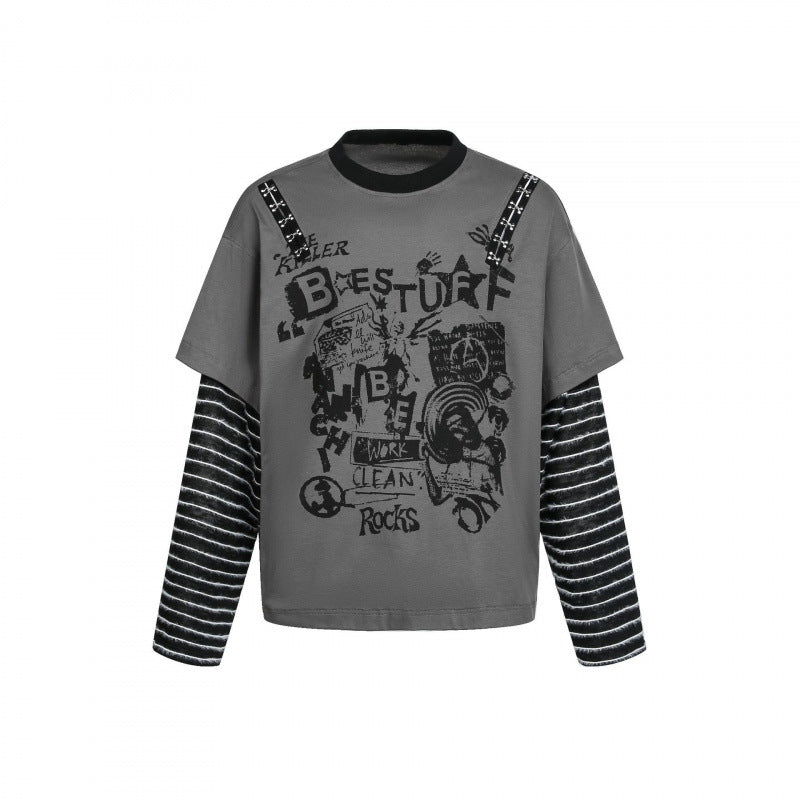 Women layered look long sleeve with graphic print, striped insert sleeves and decorative shoulder straps Fashion Glam