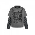 Women layered look long sleeve with graphic print, striped insert sleeves and decorative shoulder straps Fashion Glam