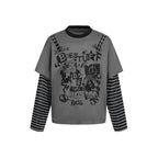 Women layered look long sleeve with graphic print, striped insert sleeves and decorative shoulder straps Fashion Glam