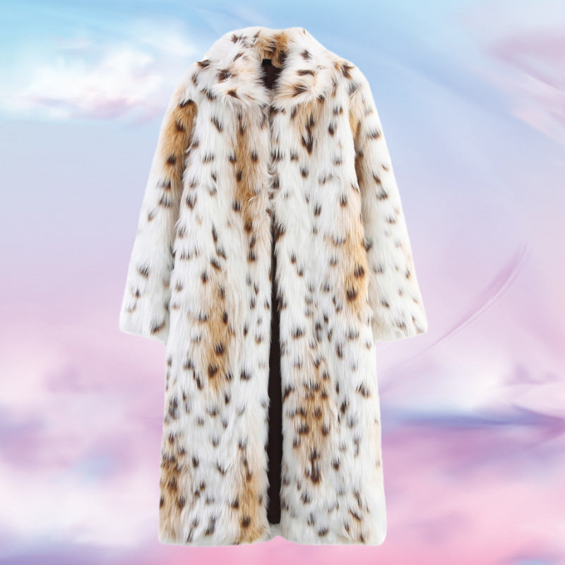 Women's Long Oversized Faux Fur Coat with Spotted Wildcat Print and Stand Collar Fashion Glam
