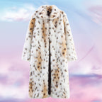 Women's Long Oversized Faux Fur Coat with Spotted Wildcat Print and Stand Collar Fashion Glam