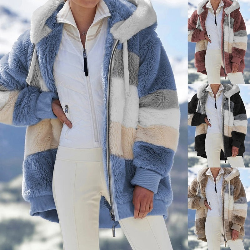 Women's Striped Oversized Teddy Jacket with Hood, Zipper and Ribbed Cuffs Fashion Glam