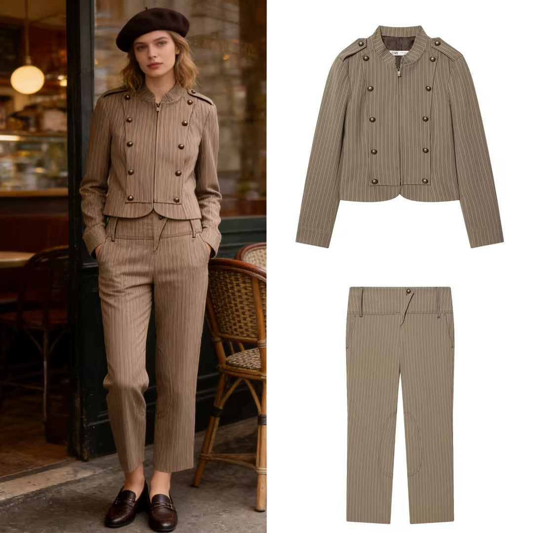 Ladies High-Waisted Cropped Stretch Pants with Pinstripes and Knee Patches Fashion Glam