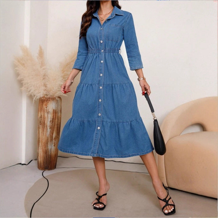 Women's button-down shirt dress made of denim with a waist-defining elastic band, button placket & tiered skirt Fashion Glam