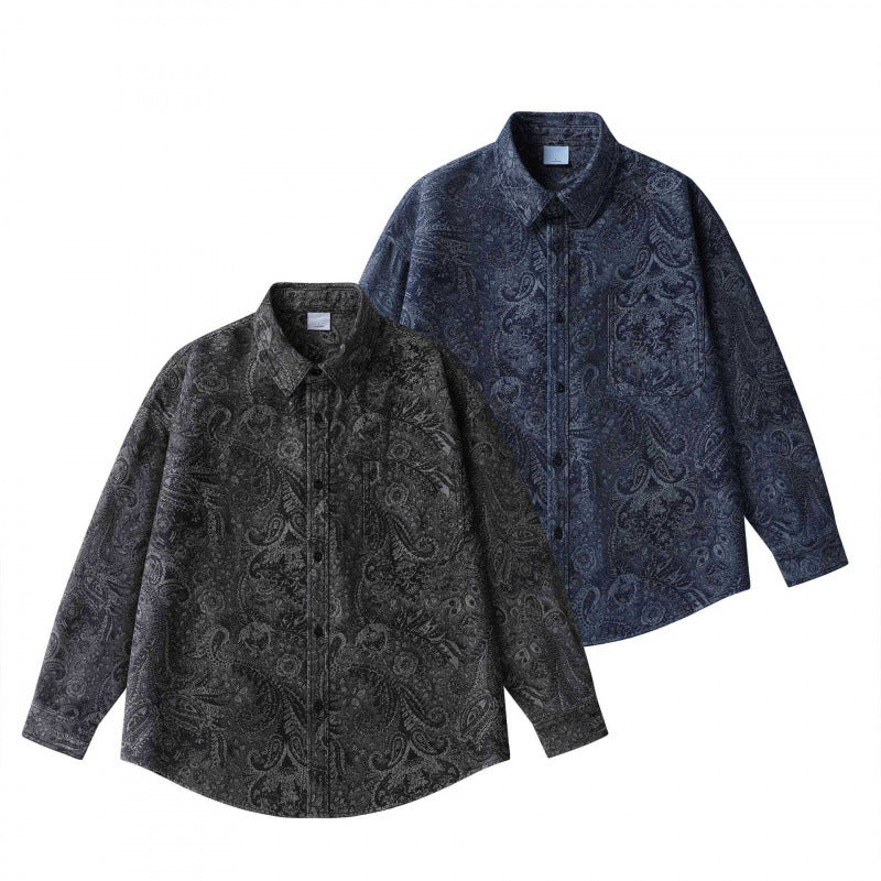 Unisex Oversized Shirt Jacket with Paisley Jacquard, Full Button Placket and Chest Pocket Fashion Glam