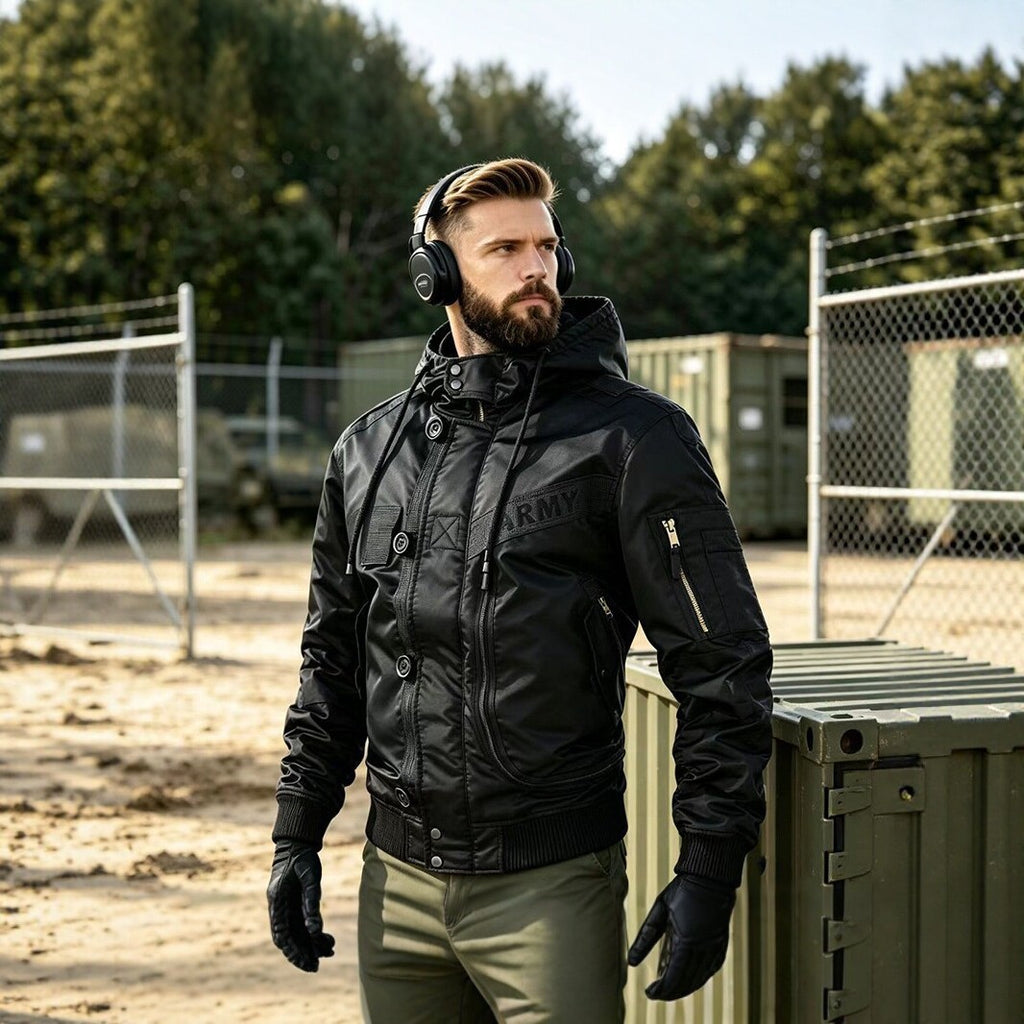 Men's Military-Inspired Hooded Bomber Jacket with Utility Pockets Fashion Glam