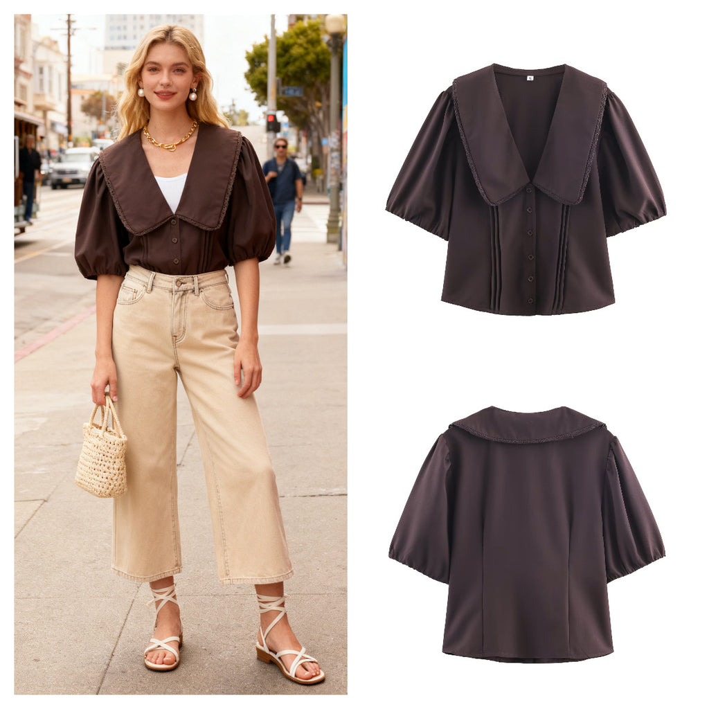Ladies' blouse with oversized sailor collar, puff sleeves, and pleats Fashion Glam