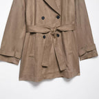 Women's Double Breasted Suede Effect Trench Coat with Waist Belt Fashion Glam