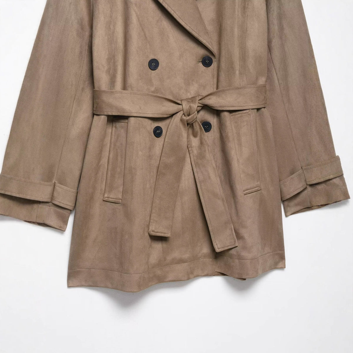 Women's Double Breasted Suede Effect Trench Coat with Waist Belt Fashion Glam