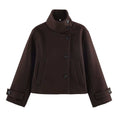Ladies' short wool coat with high stand-up collar, asymmetrical button placket, and adjustable cuff straps Fashion Glam