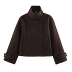 Ladies' short wool coat with high stand-up collar, asymmetrical button placket, and adjustable cuff straps Fashion Glam