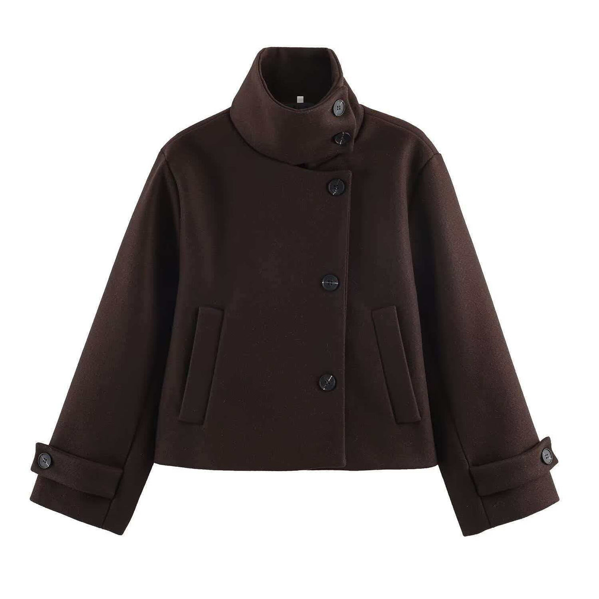 Ladies' short wool coat with high stand-up collar, asymmetrical button placket, and adjustable cuff straps Fashion Glam