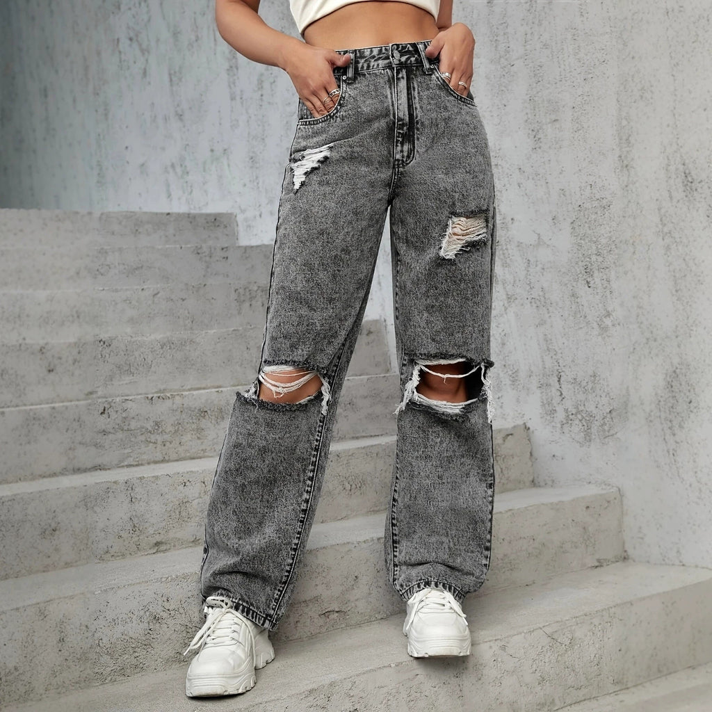 Ladies High-Waist Destroyed Wide-Leg Jeans with Knee Cutouts Fashion Glam