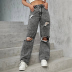 Ladies High-Waist Destroyed Wide-Leg Jeans with Knee Cutouts Fashion Glam