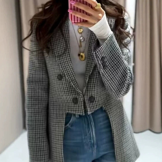 Women's Tailored Houndstooth Blazer with Tail and Lapel Collar Fashion Glam