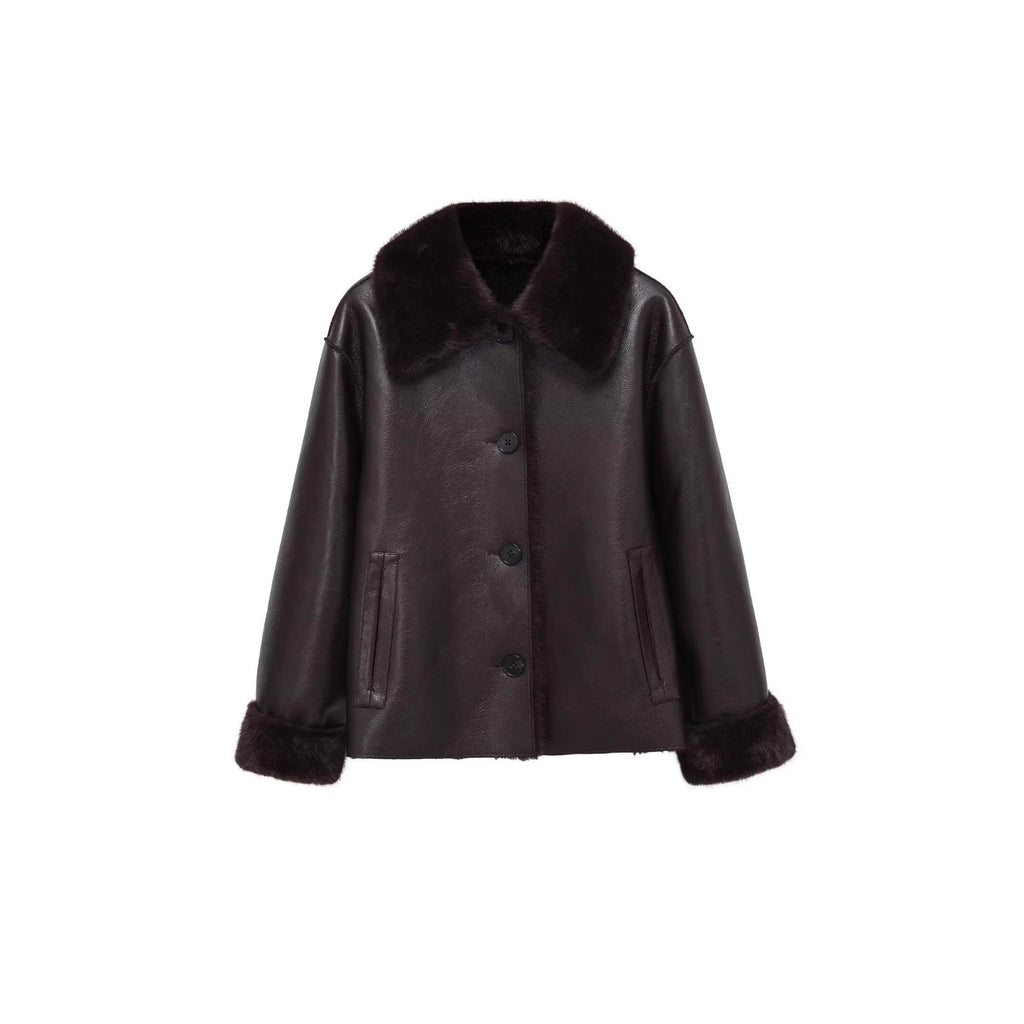 Women Boxy Faux Leather Jacket with Faux Fur Collar, Lambswool Imitation Lining and Button Closure Fashion Glam