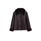 Women Boxy Faux Leather Jacket with Faux Fur Collar, Lambswool Imitation Lining and Button Closure Fashion Glam