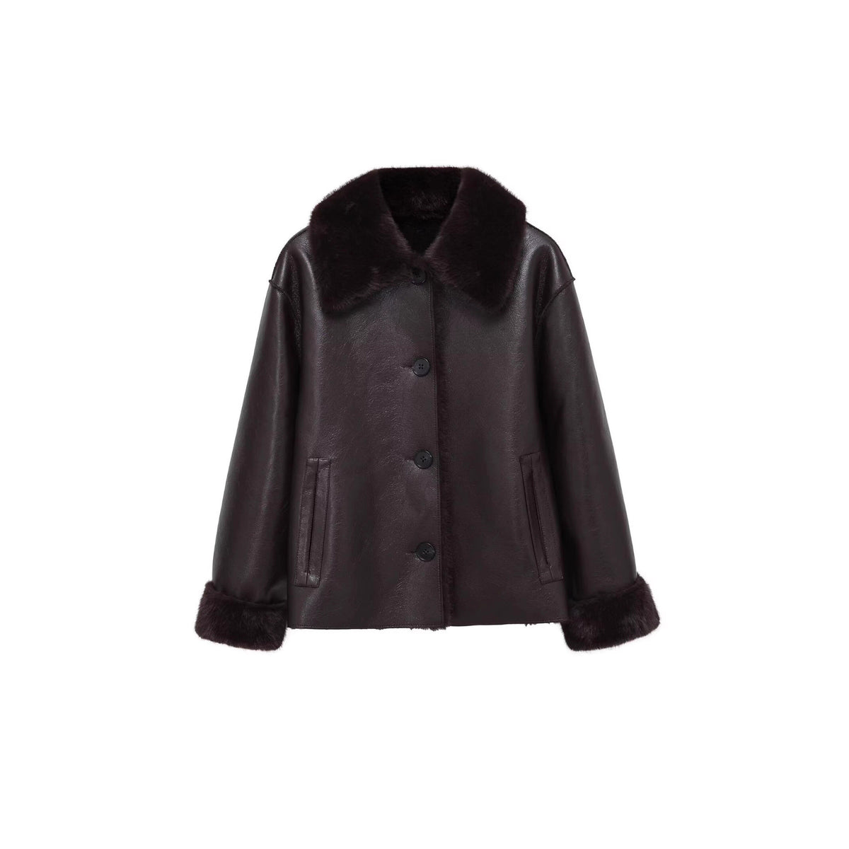 Women Boxy Faux Leather Jacket with Faux Fur Collar, Lambswool Imitation Lining and Button Closure Fashion Glam