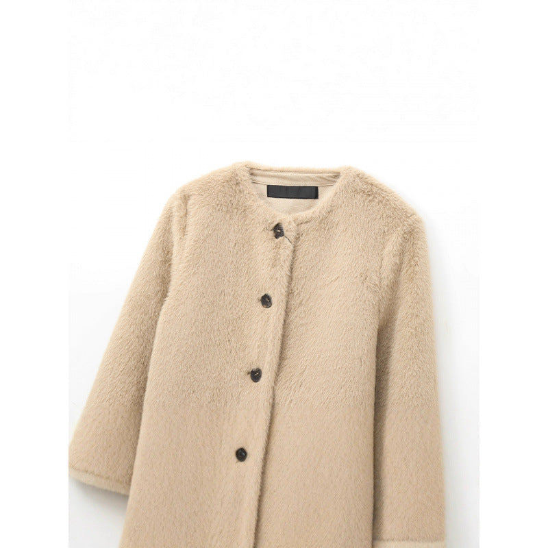 Women's Cropped Teddy Jacket with Straight Hem, Round Neck and Horn Button Closure Fashion Glam