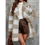 Women Checked Teddy Coat with Lapel Collar and Snuggle Fleece Fashion Glam