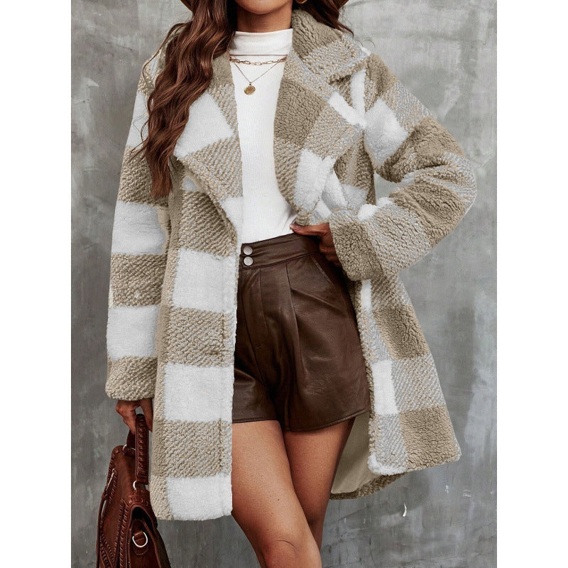 Women Checked Teddy Coat with Lapel Collar and Snuggle Fleece Fashion Glam