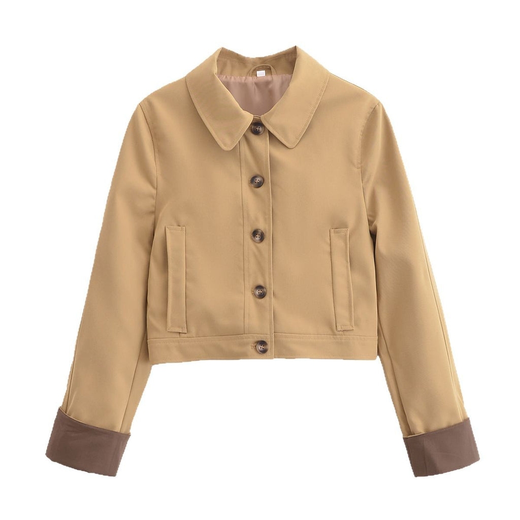 Women's Cropped Utility Jacket with Shirt Collar, Contrasting Turn-Up Cuffs and Continuous Button Placket Fashion Glam