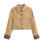 Women's Cropped Utility Jacket with Shirt Collar, Contrasting Turn-Up Cuffs and Continuous Button Placket Fashion Glam
