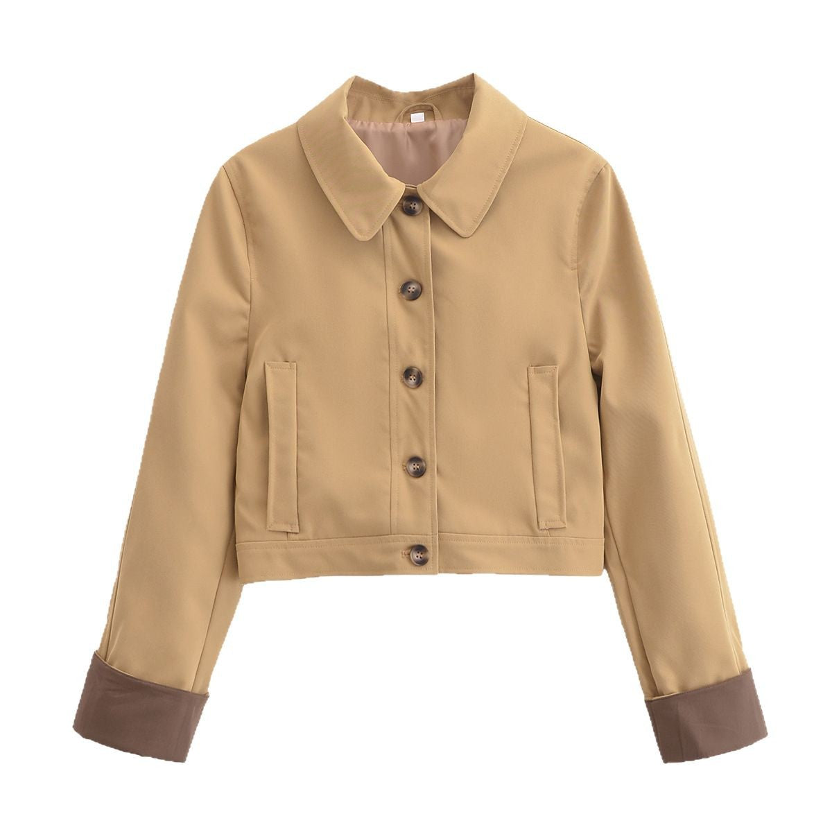 Women's Cropped Utility Jacket with Shirt Collar, Contrasting Turn-Up Cuffs and Continuous Button Placket Fashion Glam