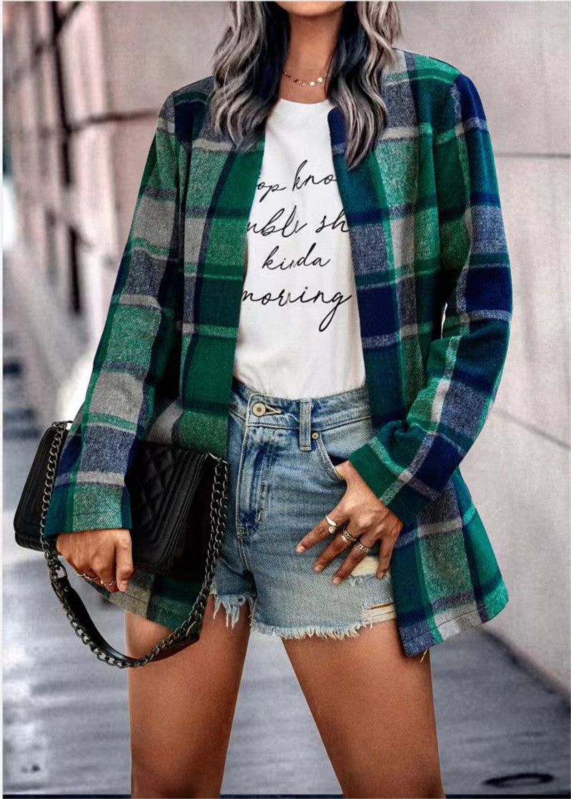 Women Checked Long Blazer Shacket Without Collar, Open Cut Fashion Glam