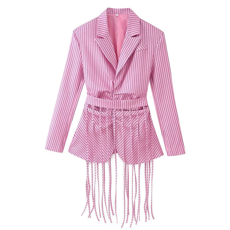 Women's tailored blazer with fringe hem and pinstripes Fashion Glam