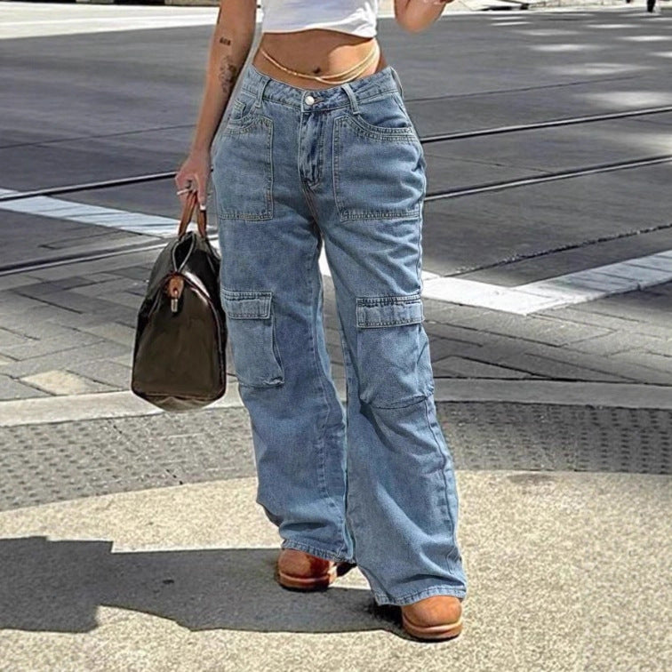 Women's High-Waisted Cargo Denim Pants with Utility Pockets Fashion Glam