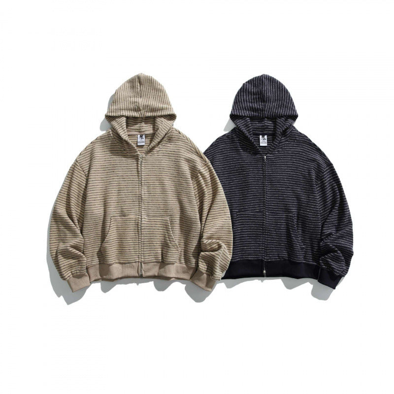 Unisex Boxy Hoodie Sweat Jacket with continuous zipper, striped texture and ribbed hem Fashion Glam