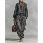 Women Flowing Boho Two-Piece Set with Loose Tunic and Harem Pants in Paisley Design Fashion Glam