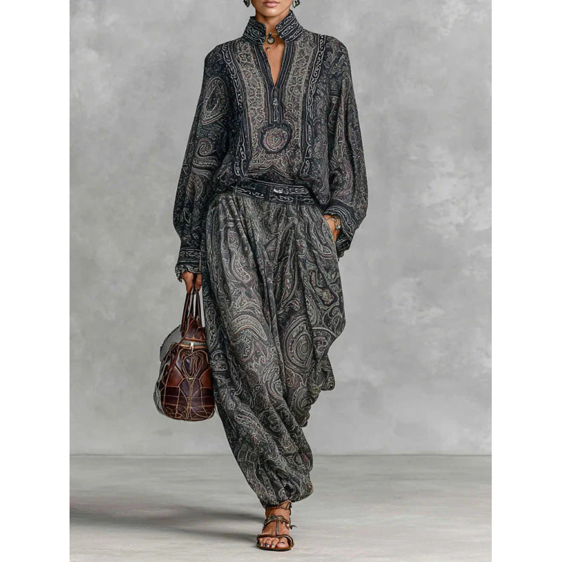 Women Flowing Boho Two-Piece Set with Loose Tunic and Harem Pants in Paisley Design Fashion Glam