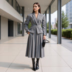 Women's Tailored Wool Blend Suit with Short Blazer and Pleat-Like Midi Skirt Fashion Glam