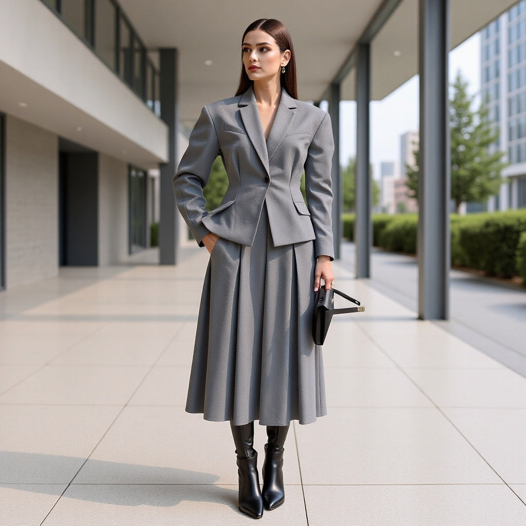 Women's Tailored Wool Blend Suit with Short Blazer and Pleat-Like Midi Skirt Fashion Glam