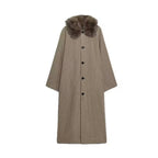 Ladies Long Glencheck Coat with Voluminous Faux Fur Collar and Straight Cut Fashion Glam