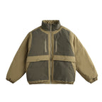 Unisex Boxy padded stand-up collar jacket with contrast panels, vertical chest zippers, and large flap pockets Fashion Glam