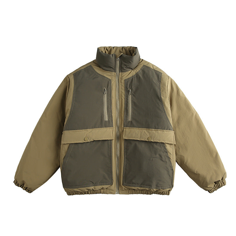 Unisex Boxy padded stand-up collar jacket with contrast panels, vertical chest zippers, and large flap pockets Fashion Glam