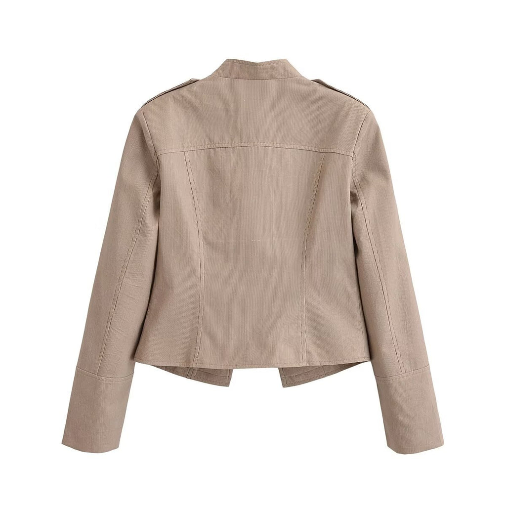 Women's military-inspired fitted short jacket with stand-up collar and decorative button placket Fashion Glam