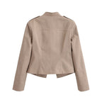 Women's military-inspired fitted short jacket with stand-up collar and decorative button placket Fashion Glam